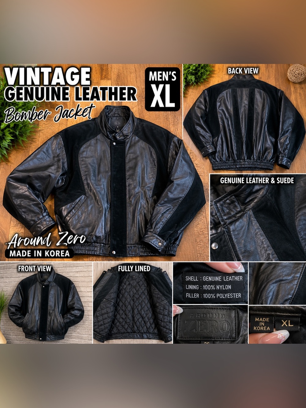Vintage Black Genuine Leather & Suede Bomber Jacket Men’s XL Made in Korea